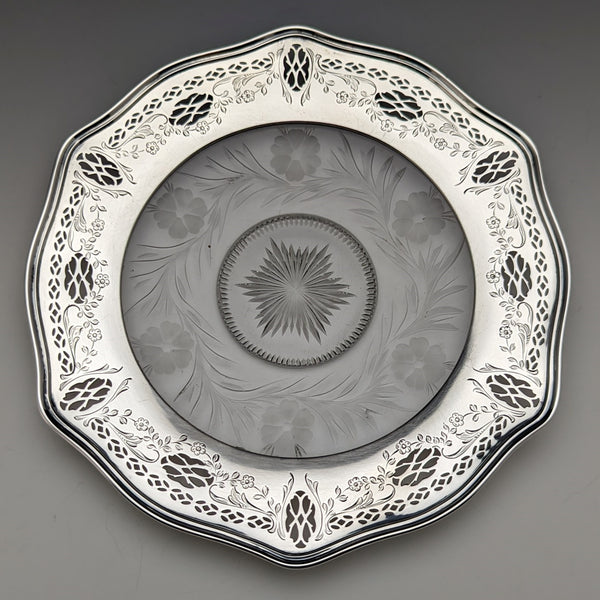 US vintage sterling silver rim decorated cut glass plate diameter 19cm